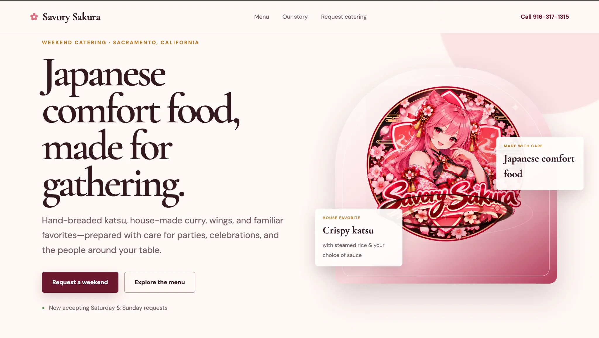 Savory Sakura website with cherry blossom branding and weekend catering request messaging