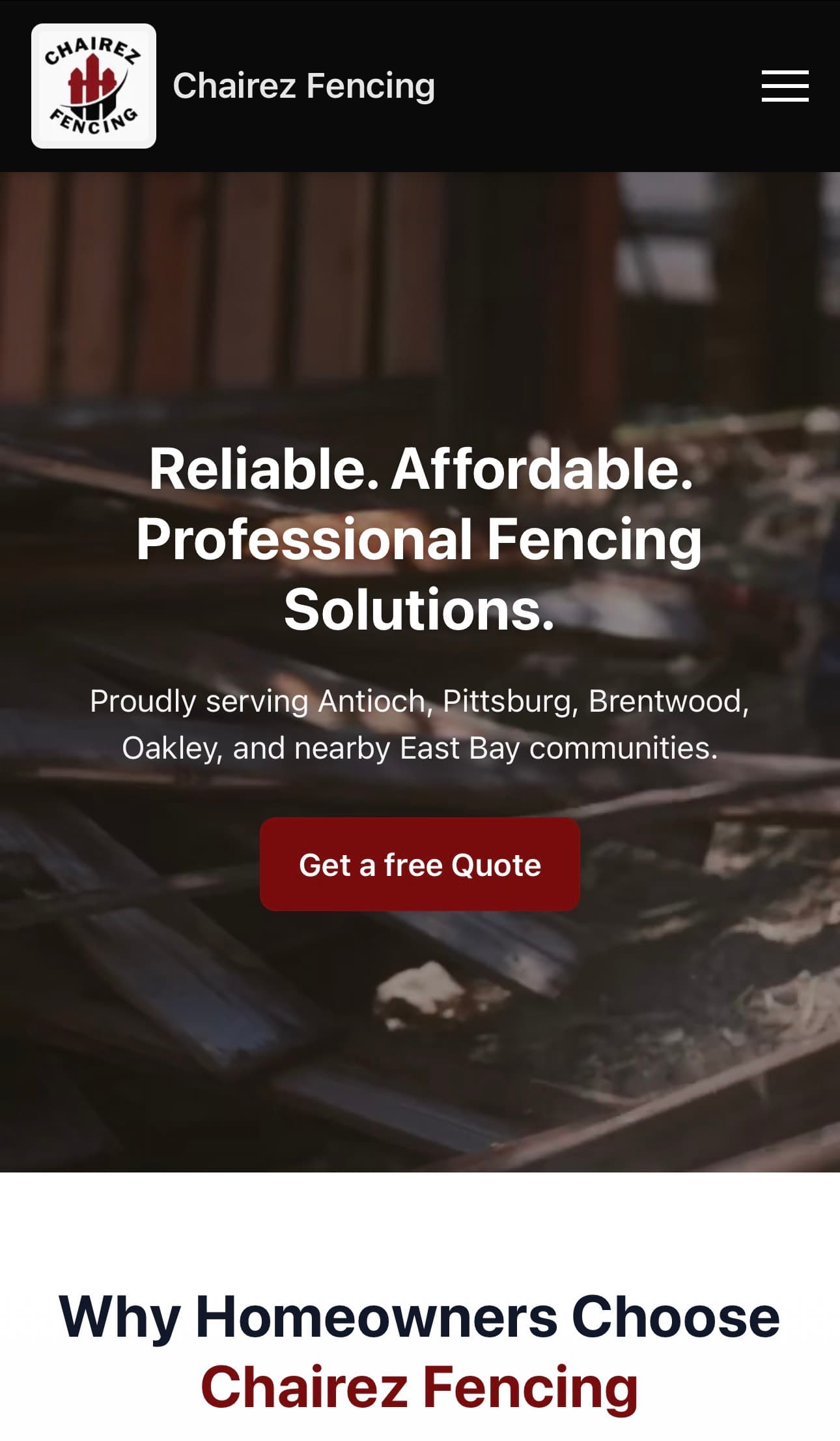Chairez Fencing website mobile homepage