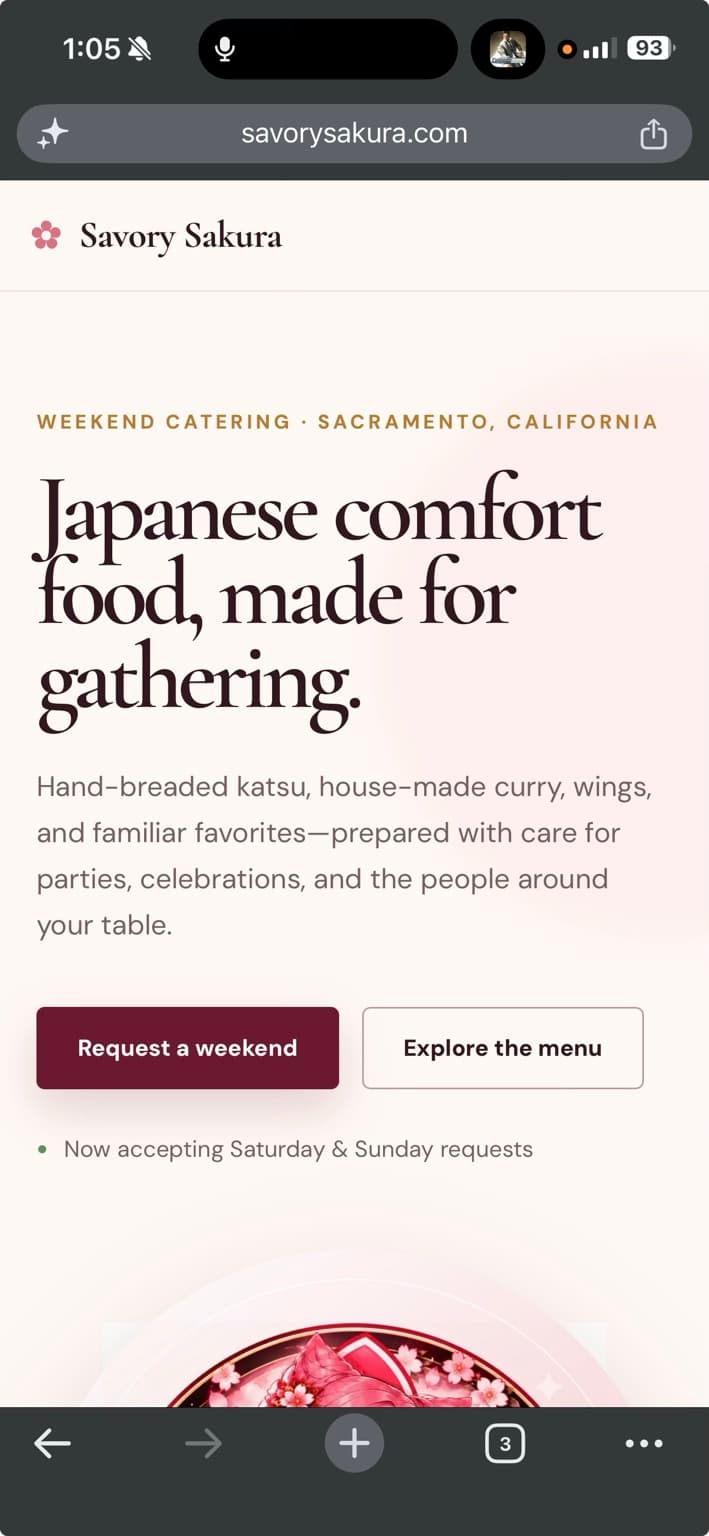 Savory Sakura mobile homepage showing weekend catering messaging and menu actions