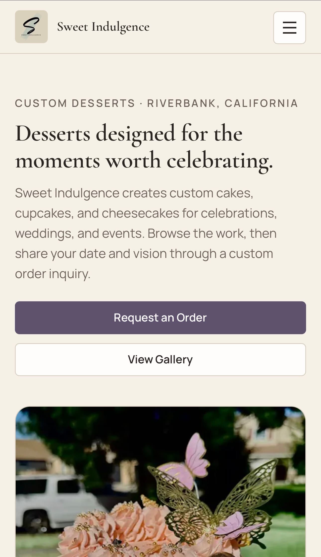 Sweet X Indulgence website mobile homepage